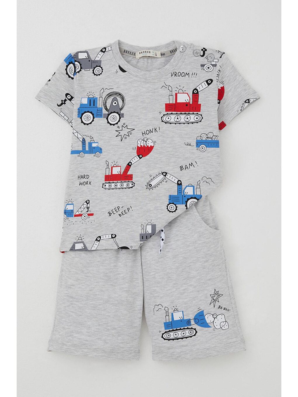 Erkek Çocuk Şortlu Takım Eğlenceli İş Makineleri Desenli Açık Gri Melanj (1.5-5 Yaş)