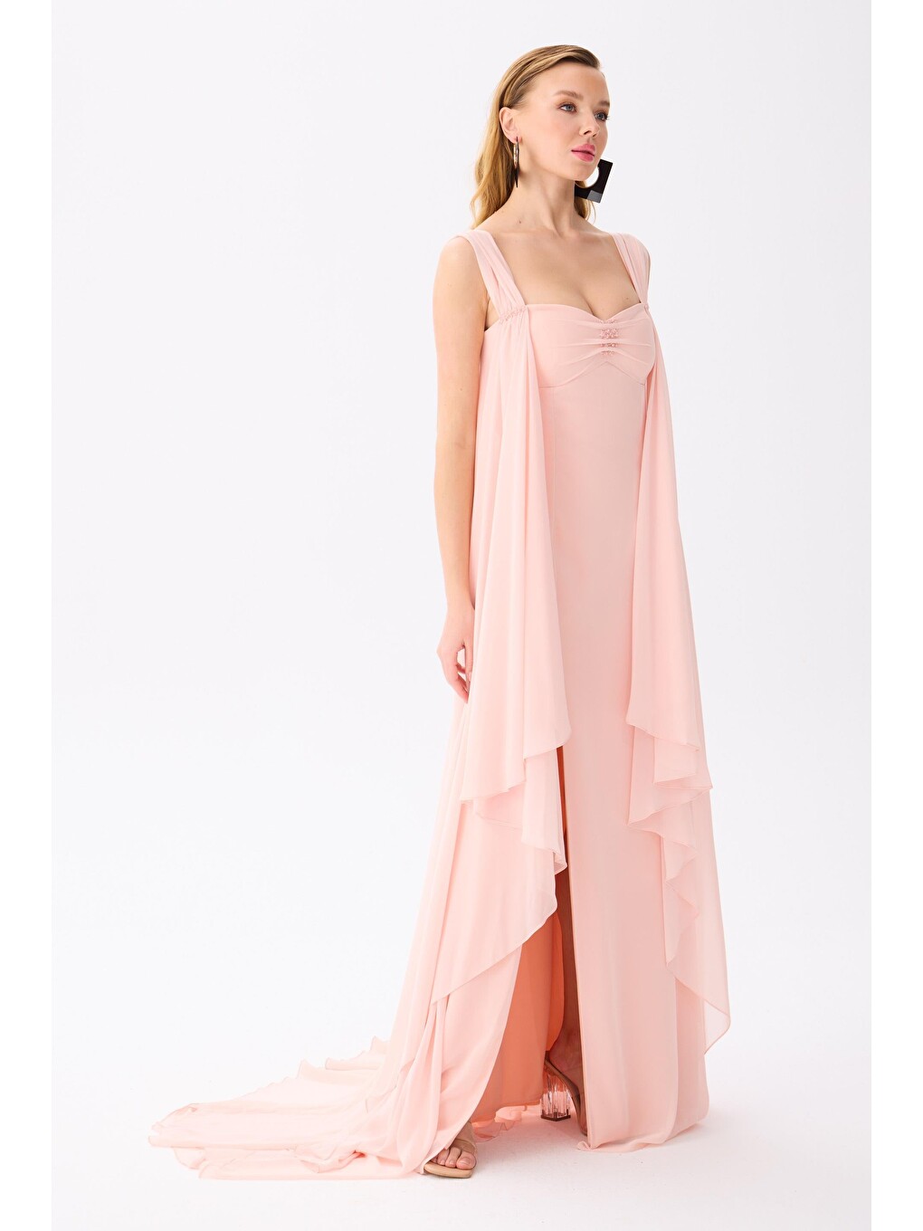 Pembe Pudra Pelerinli Şifon Abiye Elbise-4