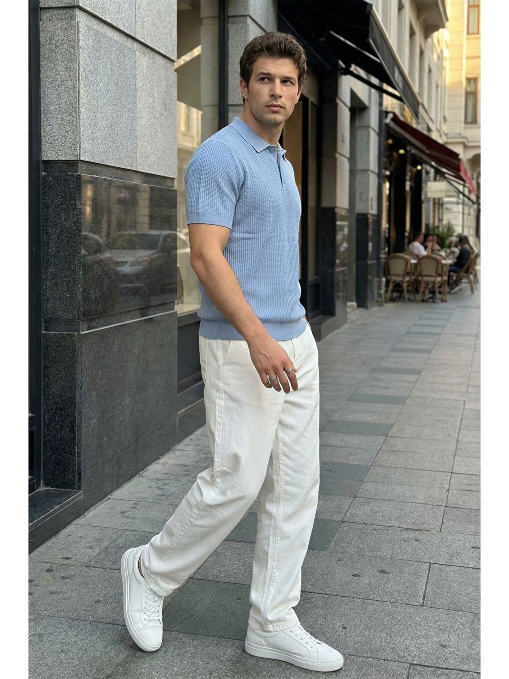 Mavi Bande Regular Fit Erkek Kısa Kol Triko Polo Yaka Dokulu Tişört-5