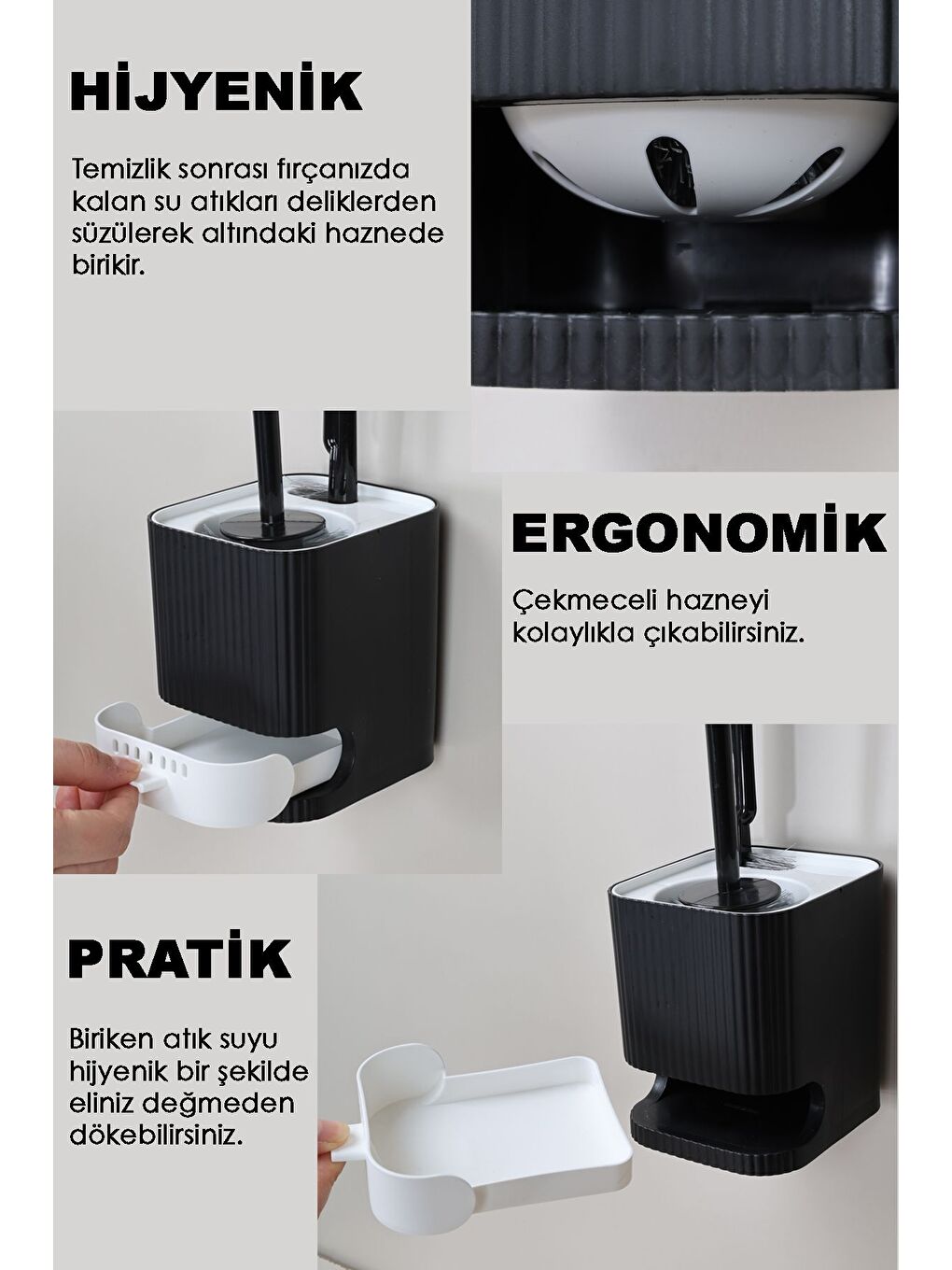 Siyah Yapışkanlı Hazneli 2'li Tuvalet Fırçası Wc Klozet Fırçası ve Çok Amaçlı Banyo Temizlik Fırçası-1