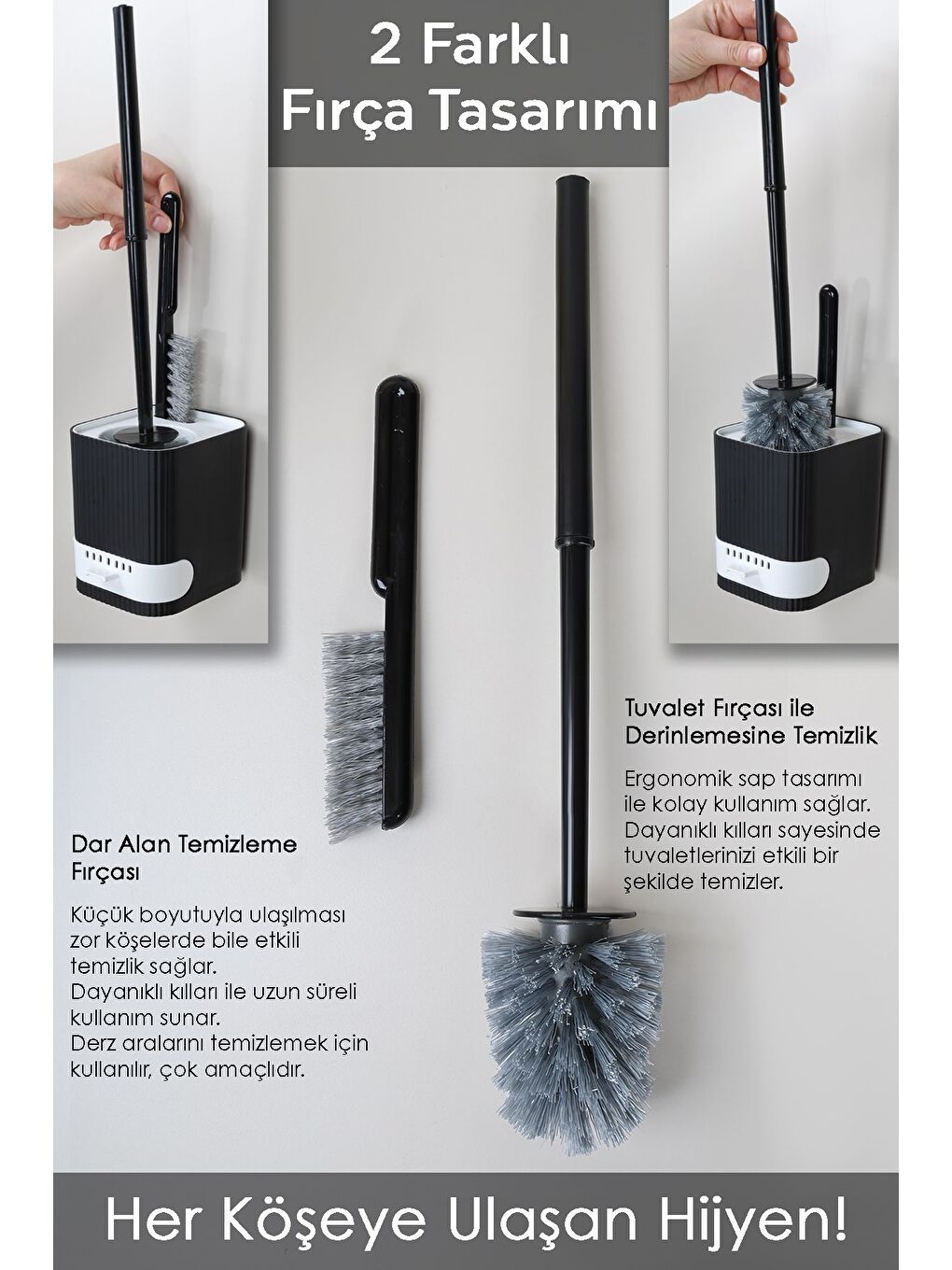 Siyah Yapışkanlı Hazneli 2'li Tuvalet Fırçası Wc Klozet Fırçası ve Çok Amaçlı Banyo Temizlik Fırçası-2