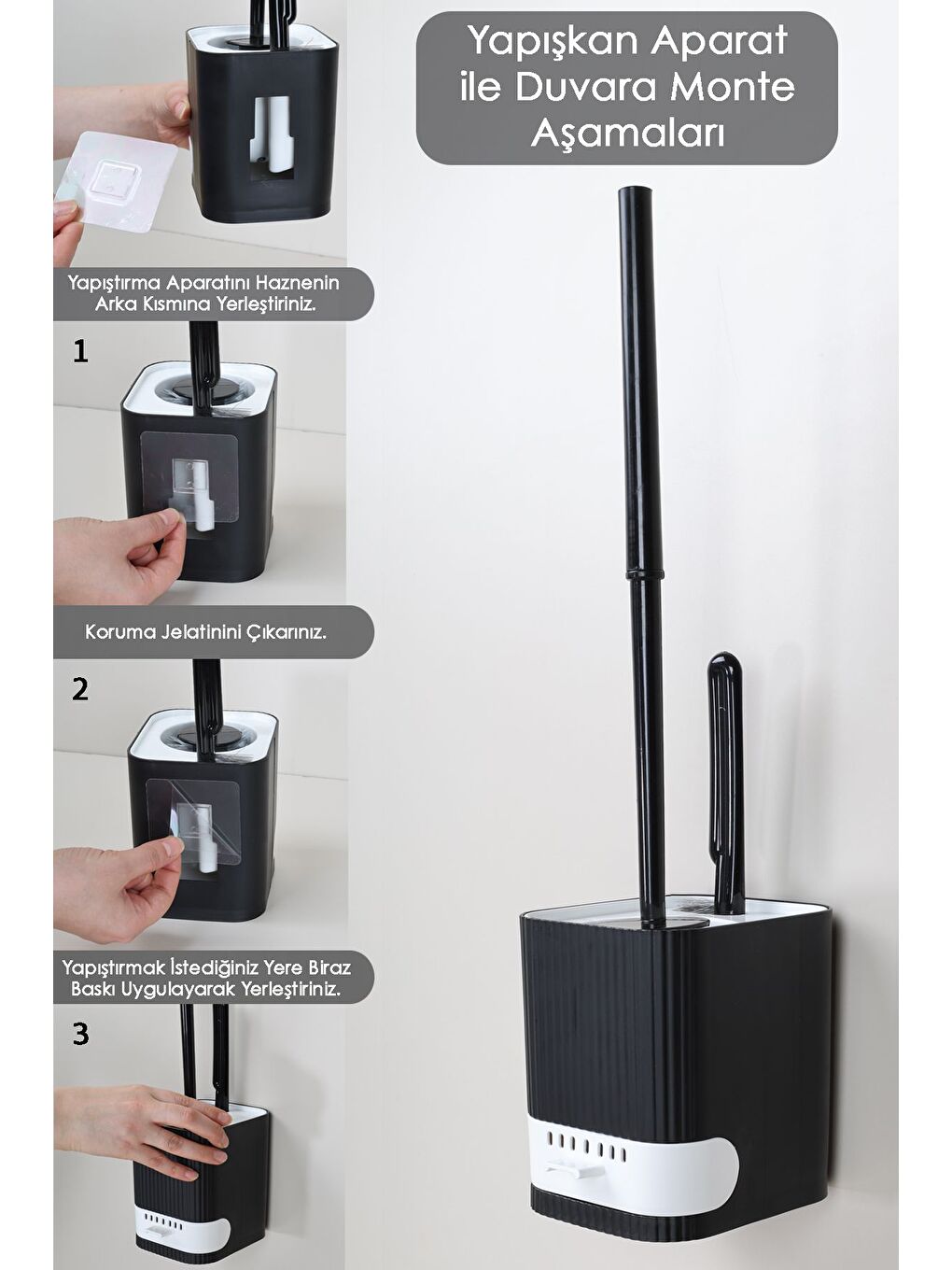 Siyah Yapışkanlı Hazneli 2'li Tuvalet Fırçası Wc Klozet Fırçası ve Çok Amaçlı Banyo Temizlik Fırçası-3