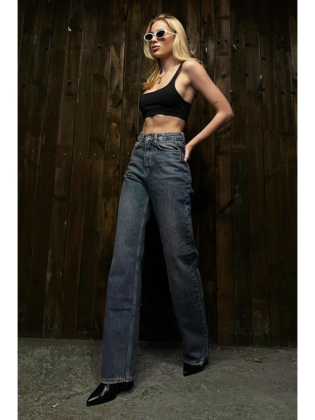 Mavi Yüksek Bel Beş Cepli Eskitmeli Palazzo Jean-1