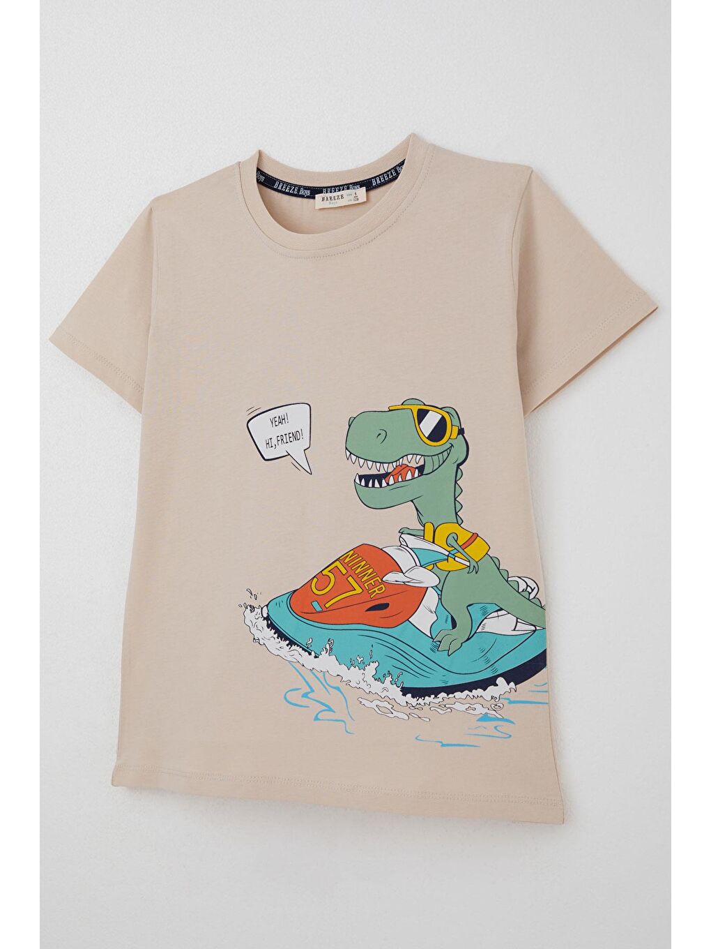 Erkek Çocuk Şortlu Takım Jetski Tutkunu Havalı Dinozor Baskılı Bej (5-9 Yaş)-5
