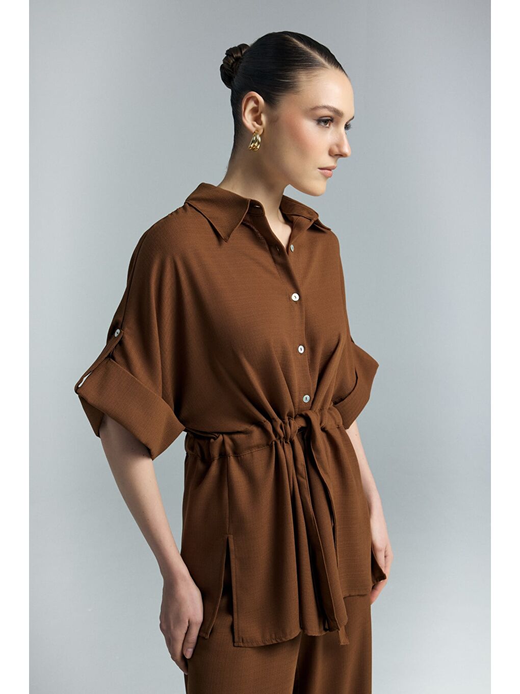 Kahverengi Beli Bağlamalı Kimono Gömlek - Kahve