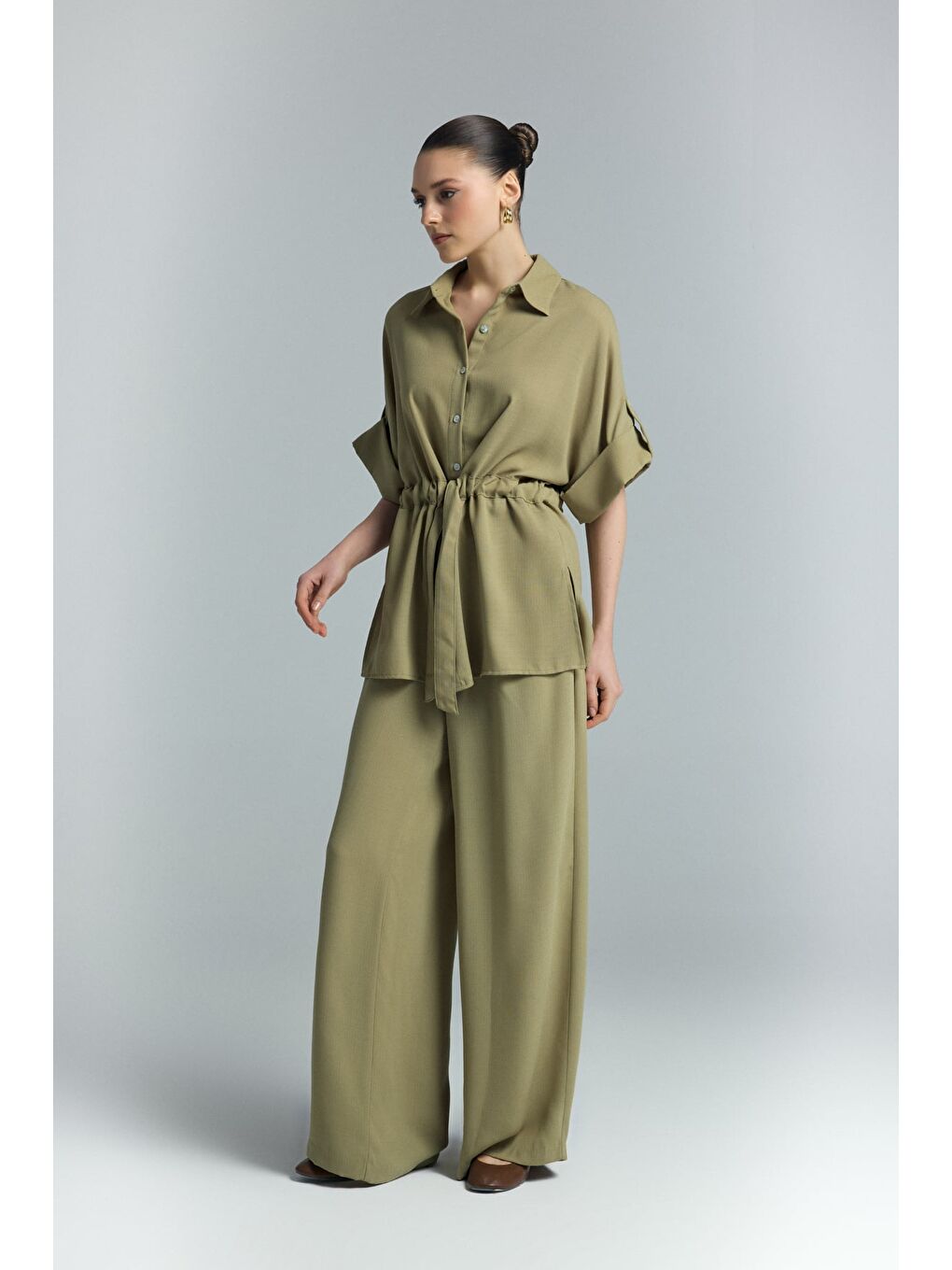 Beli Bağlamalı Kimono Gömlek - Haki-1