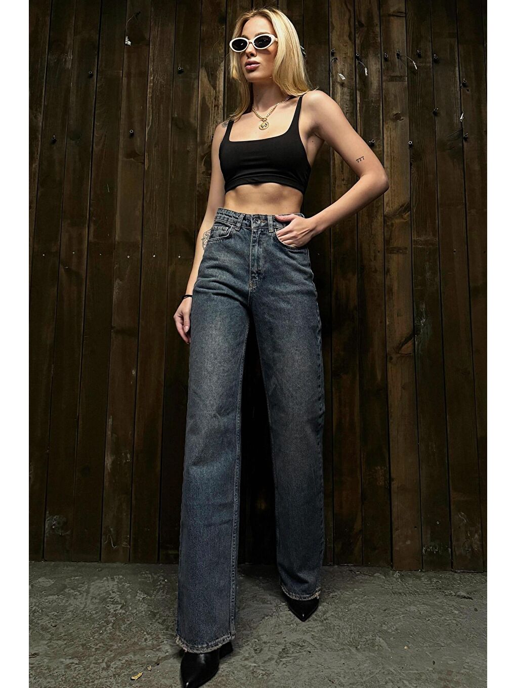 Mavi Yüksek Bel Beş Cepli Eskitmeli Palazzo Jean-2