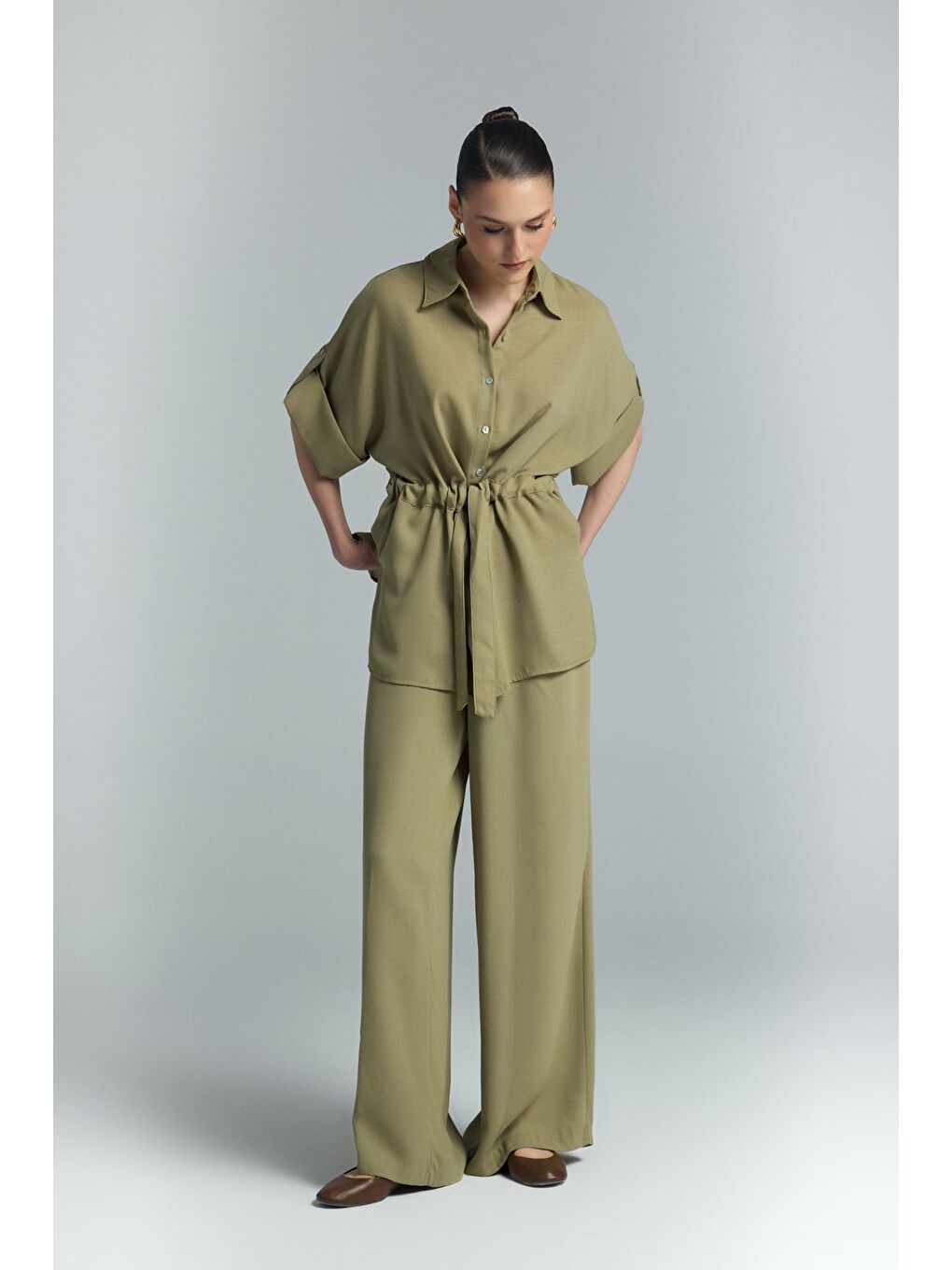 Beli Bağlamalı Kimono Gömlek - Haki-2