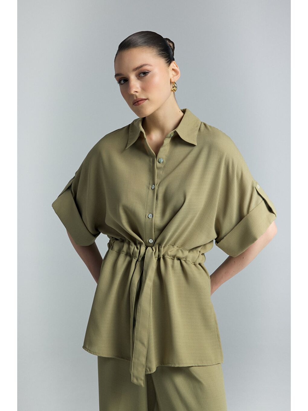 Beli Bağlamalı Kimono Gömlek - Haki-3