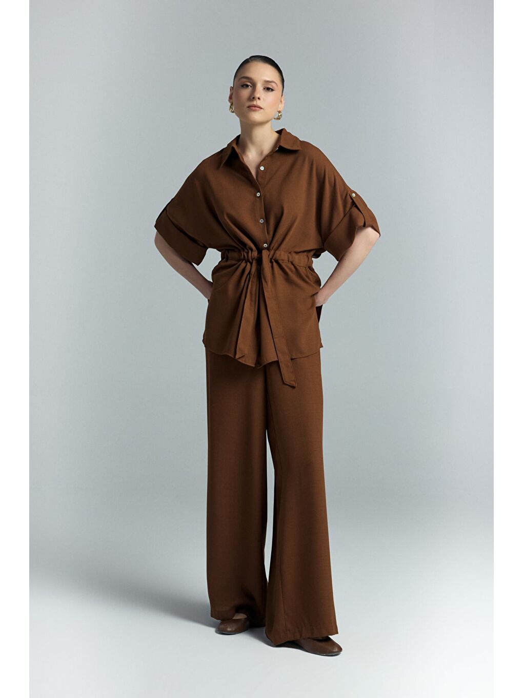 Kahverengi Beli Bağlamalı Kimono Gömlek - Kahve-1