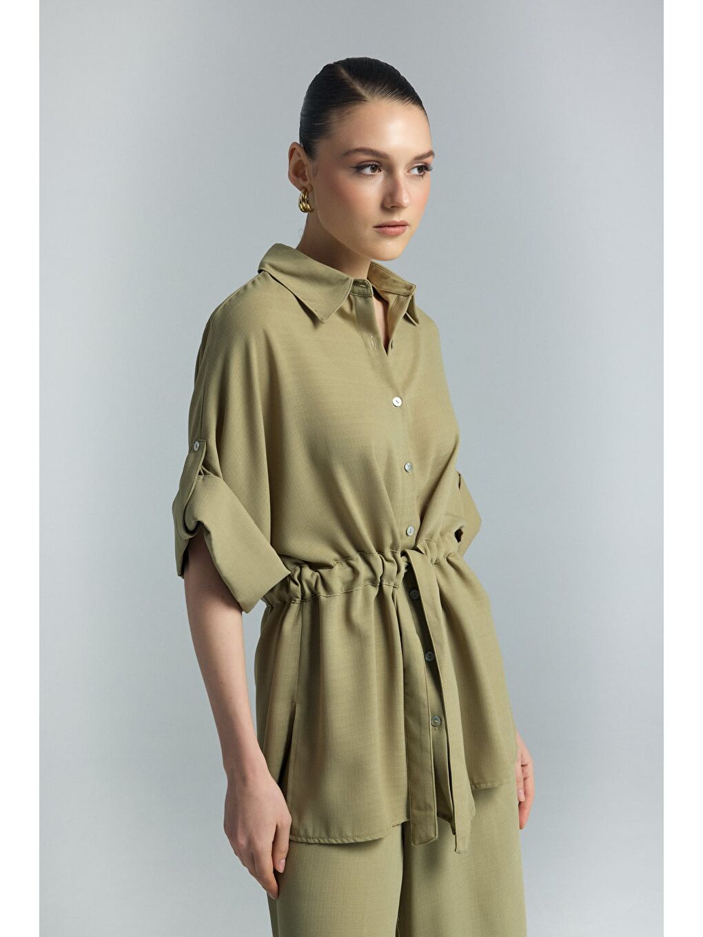 Beli Bağlamalı Kimono Gömlek - Haki-4