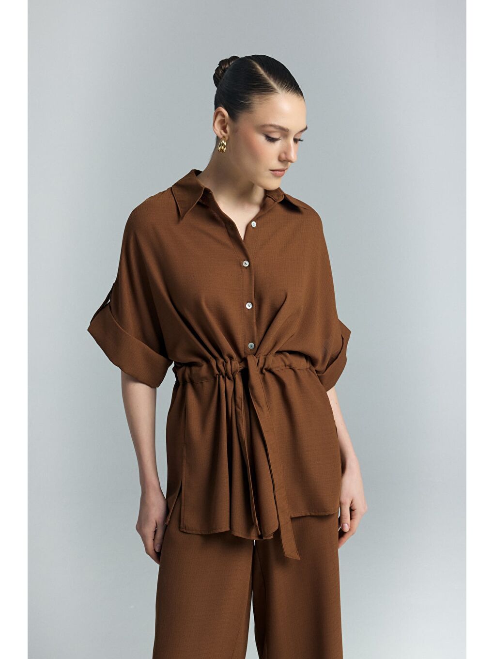 Kahverengi Beli Bağlamalı Kimono Gömlek - Kahve-2