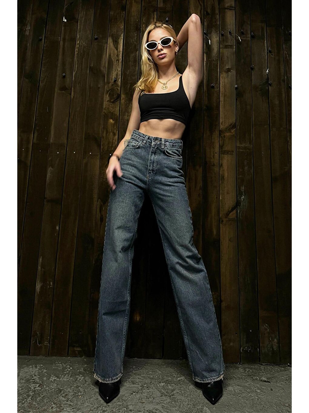 Mavi Yüksek Bel Beş Cepli Eskitmeli Palazzo Jean-3