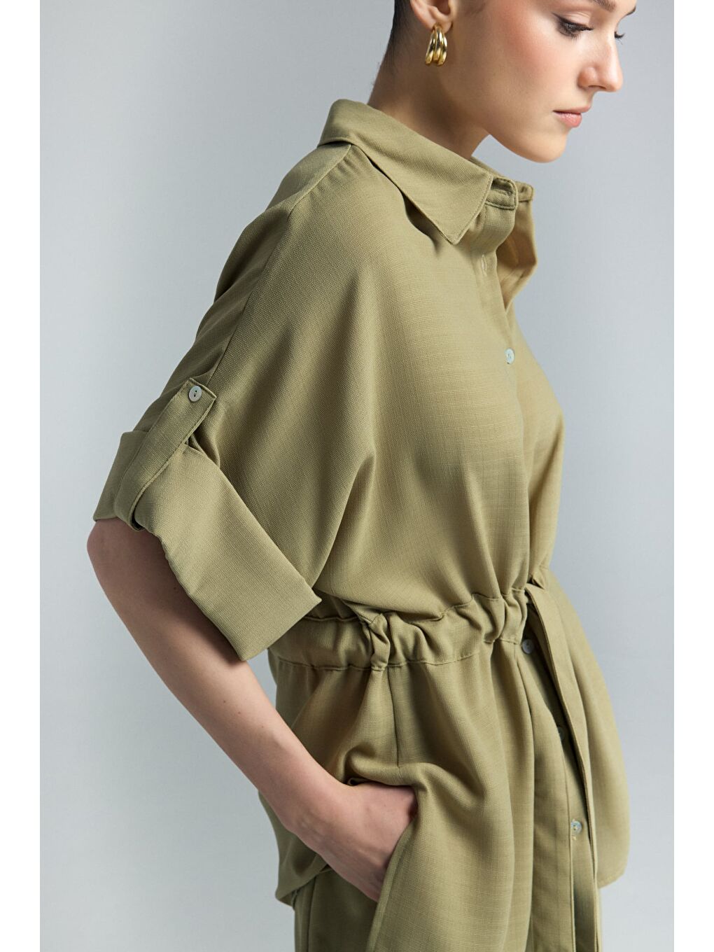 Beli Bağlamalı Kimono Gömlek - Haki-5