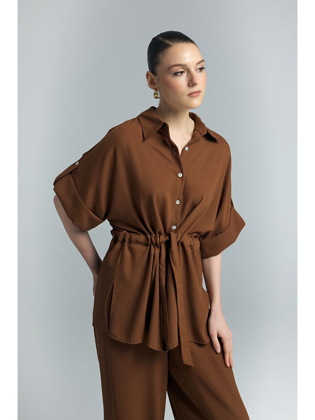 Kahverengi Beli Bağlamalı Kimono Gömlek - Kahve-3