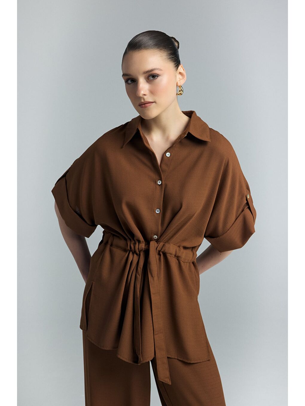 Kahverengi Beli Bağlamalı Kimono Gömlek - Kahve-4