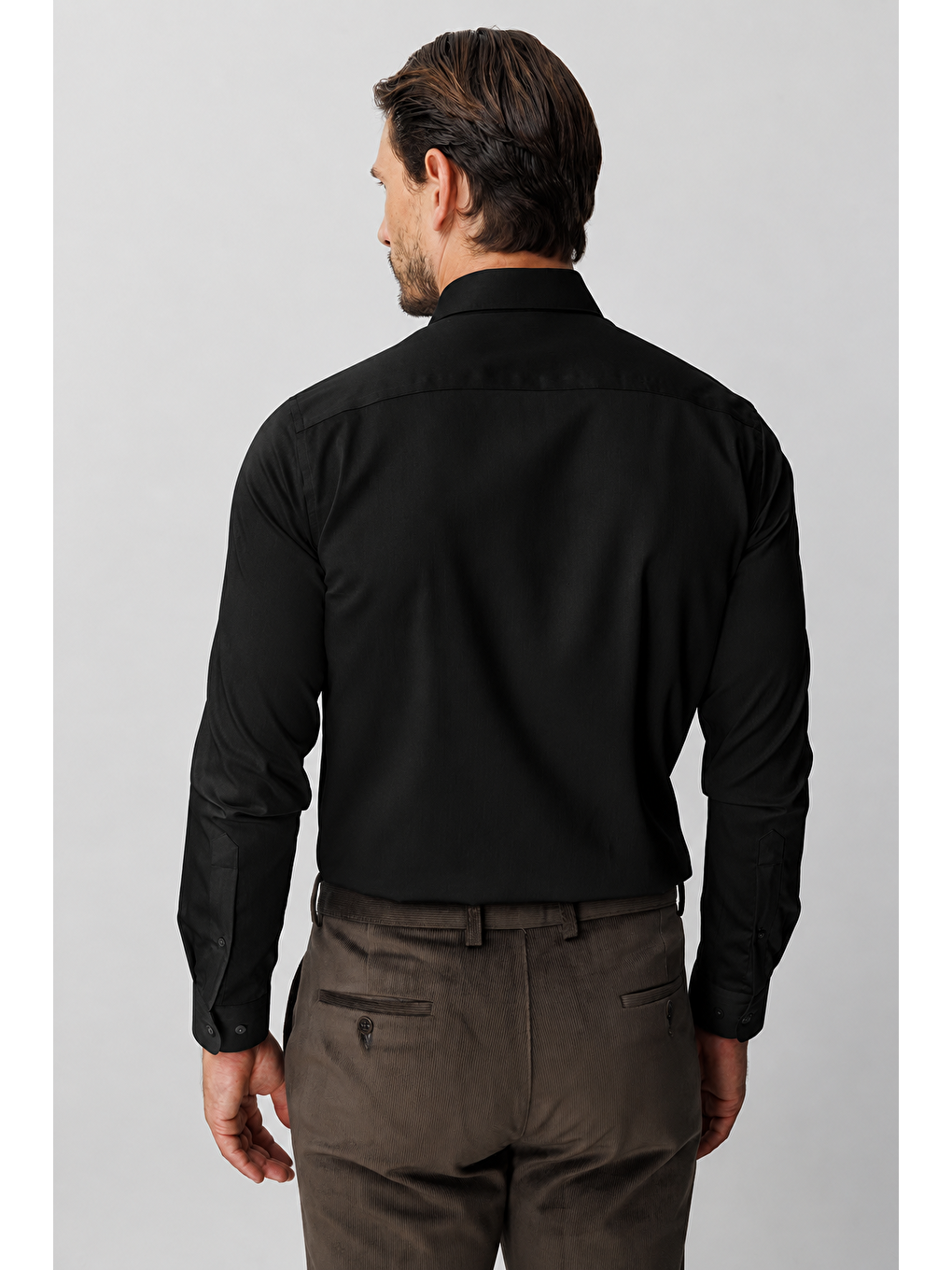 Siyah Regular Fit Geniş Kalıp Klasik Yaka Düz Uzun Kollu Cepsiz %100 Pamuk Non Iron Gömlek-1