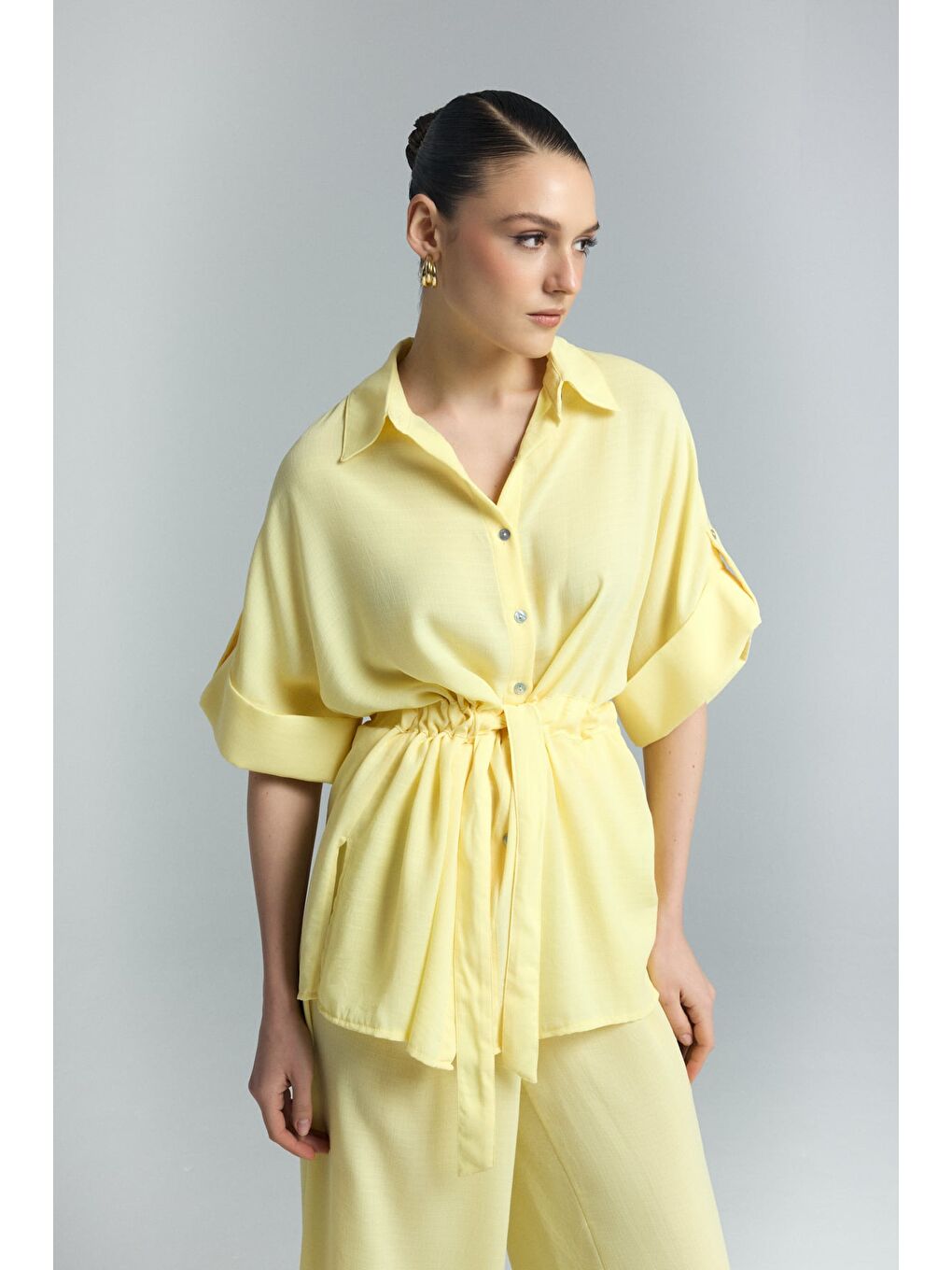 Beli Bağlamalı Kimono Gömlek - Sarı