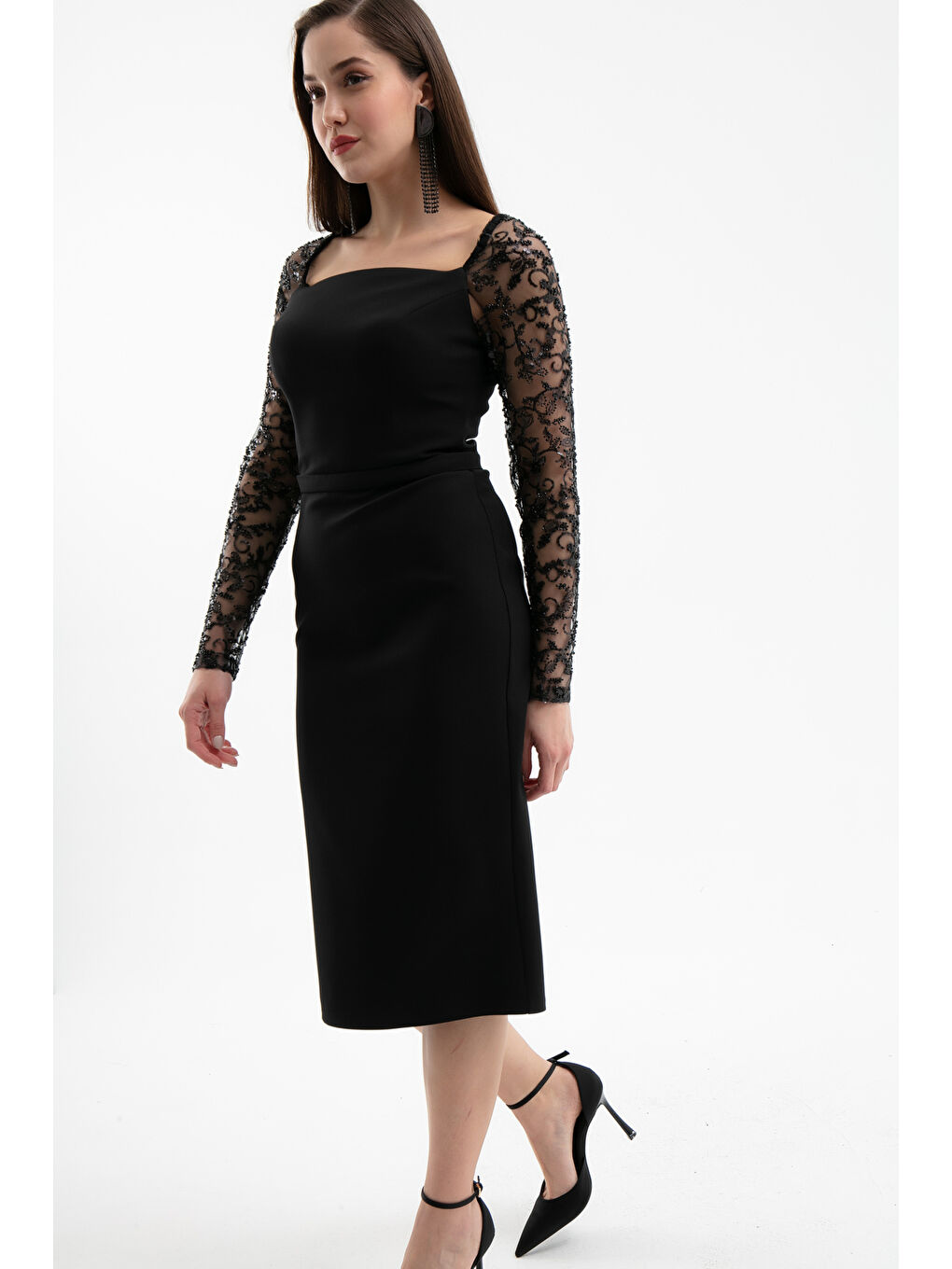 Kadın Siyah Kol Detaylı Söz Nişan Nikah Abiye Elbise-1