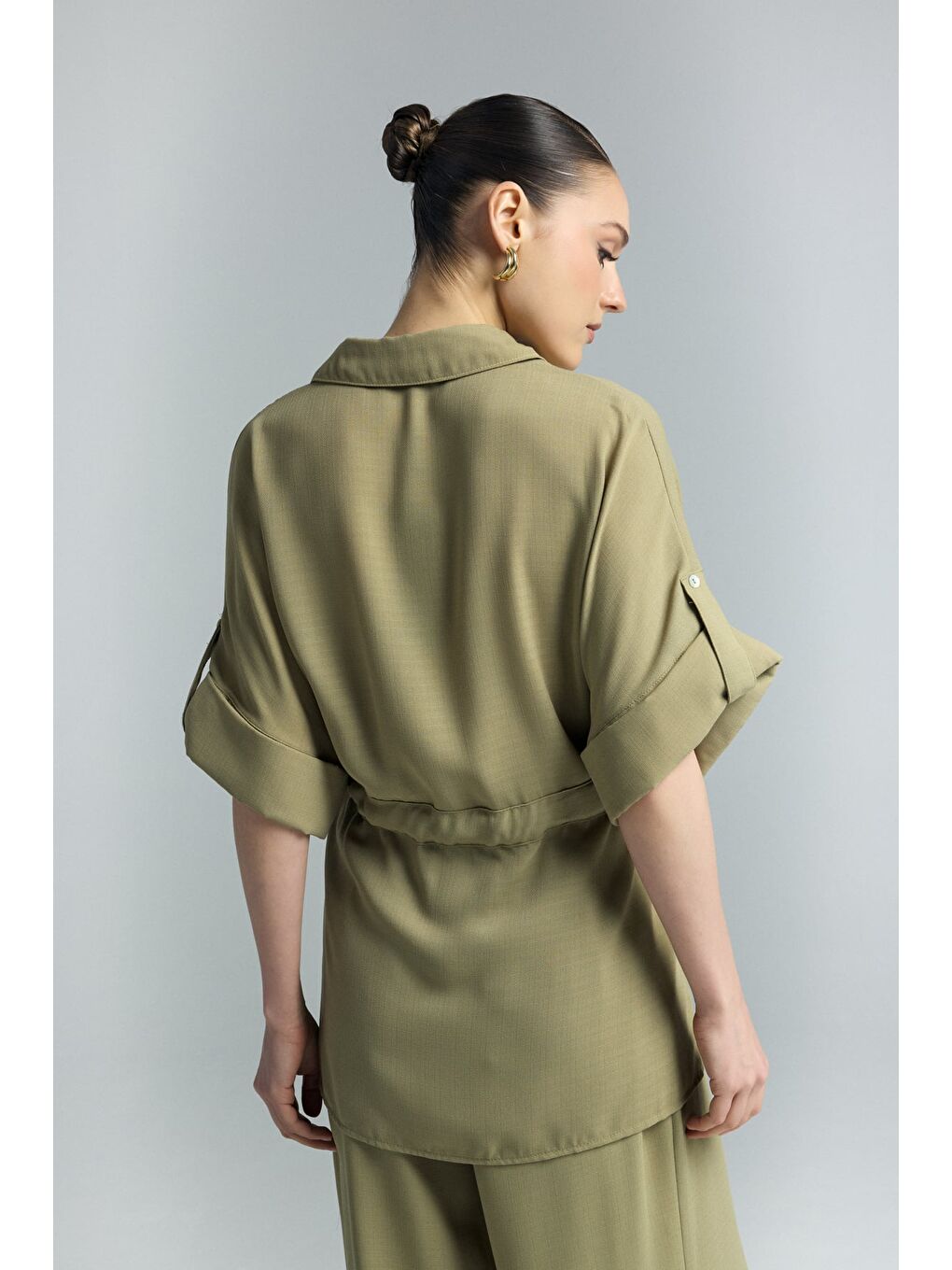 Beli Bağlamalı Kimono Gömlek - Haki-7