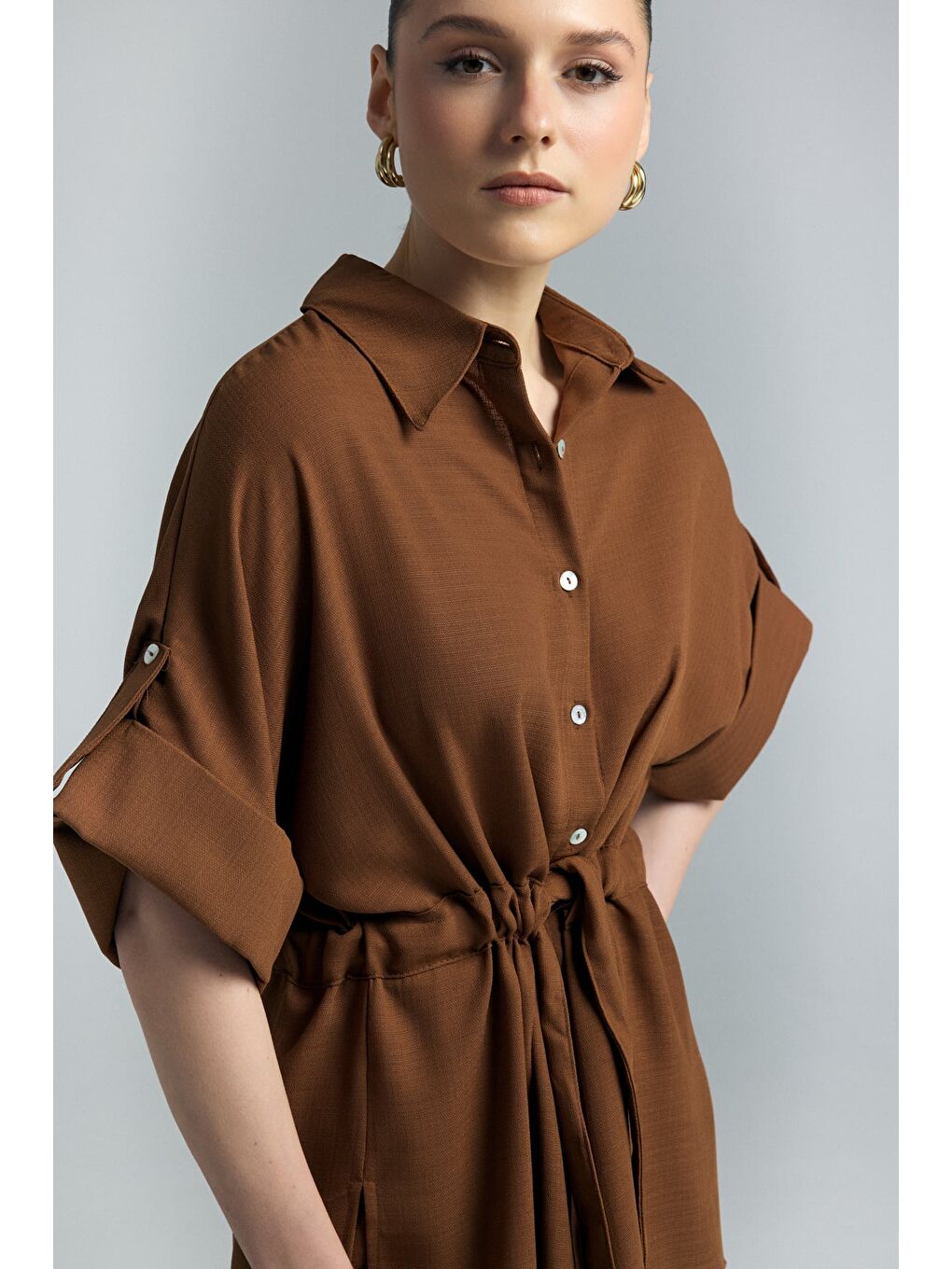 Kahverengi Beli Bağlamalı Kimono Gömlek - Kahve-5