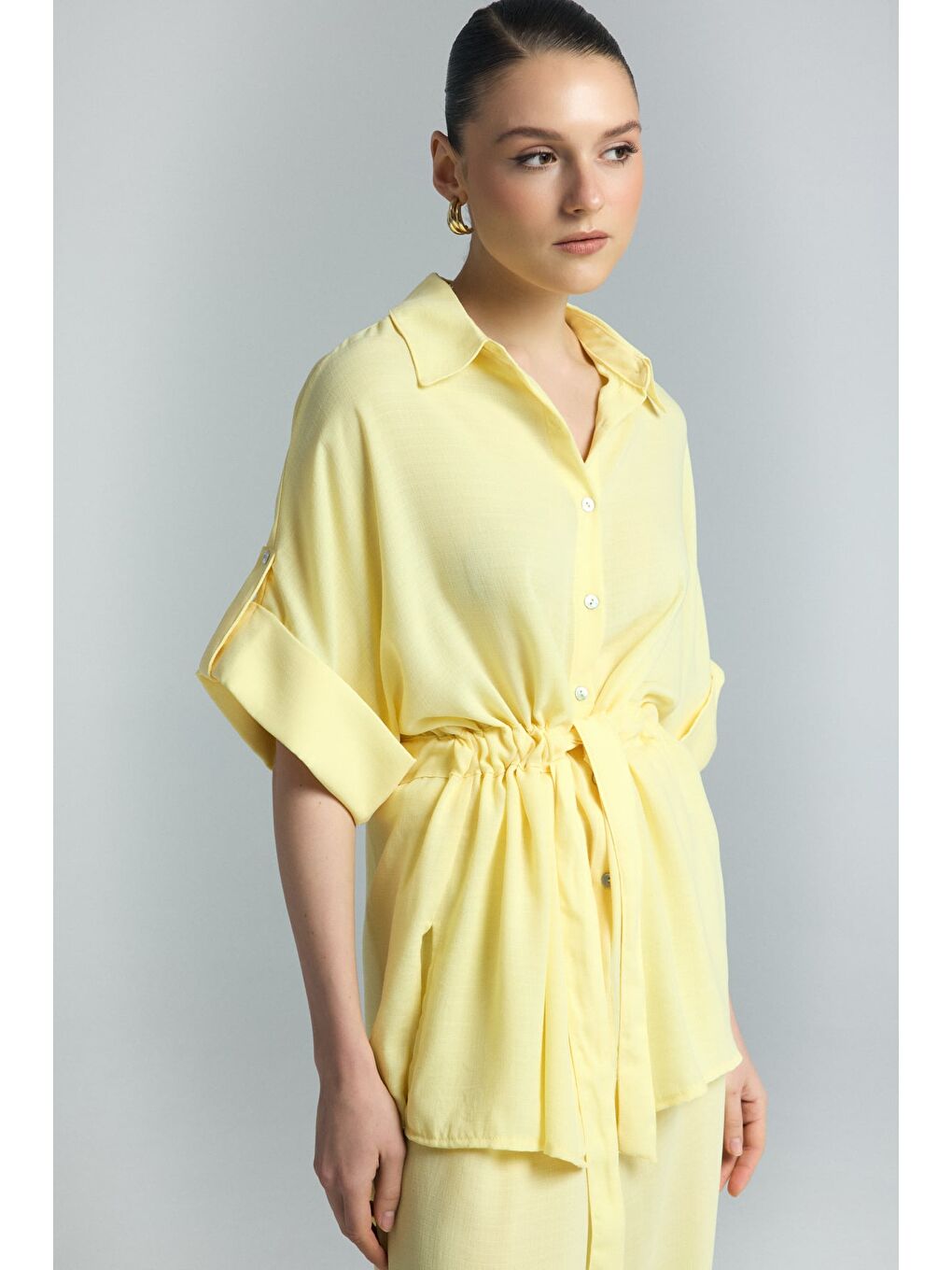 Beli Bağlamalı Kimono Gömlek - Sarı-1