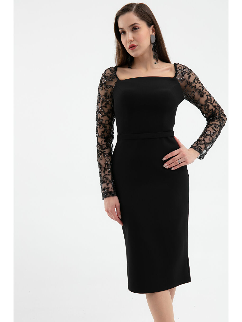 Kadın Siyah Kol Detaylı Söz Nişan Nikah Abiye Elbise-2