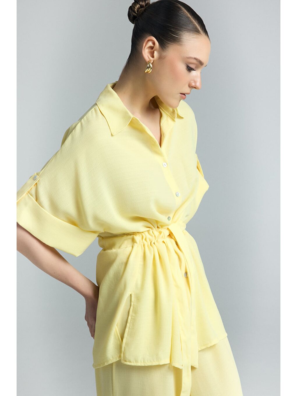 Beli Bağlamalı Kimono Gömlek - Sarı-2
