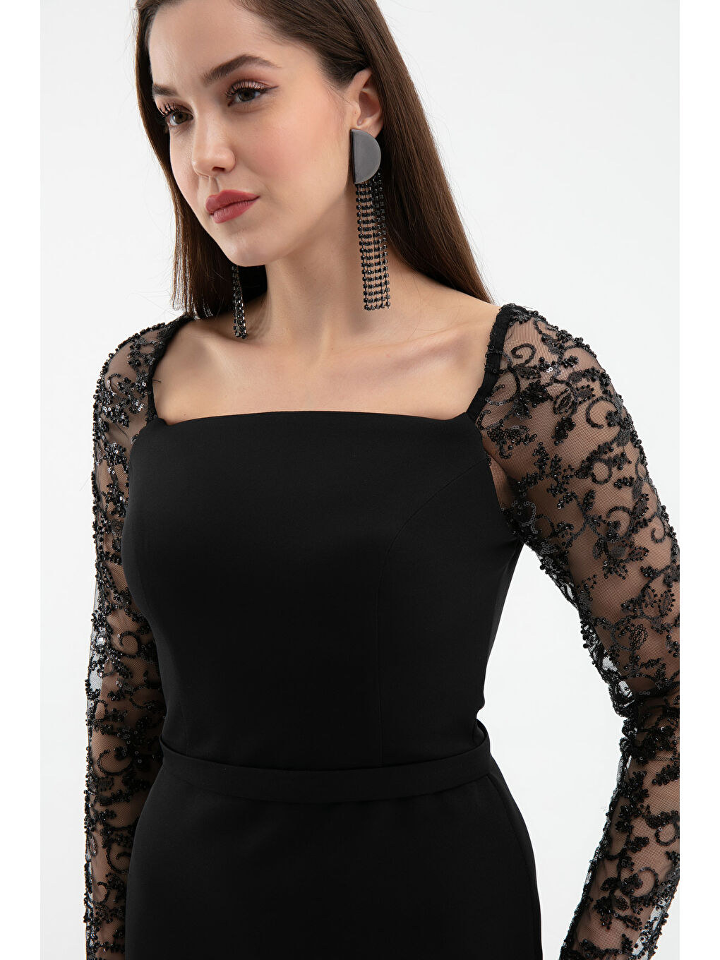 Kadın Siyah Kol Detaylı Söz Nişan Nikah Abiye Elbise-3