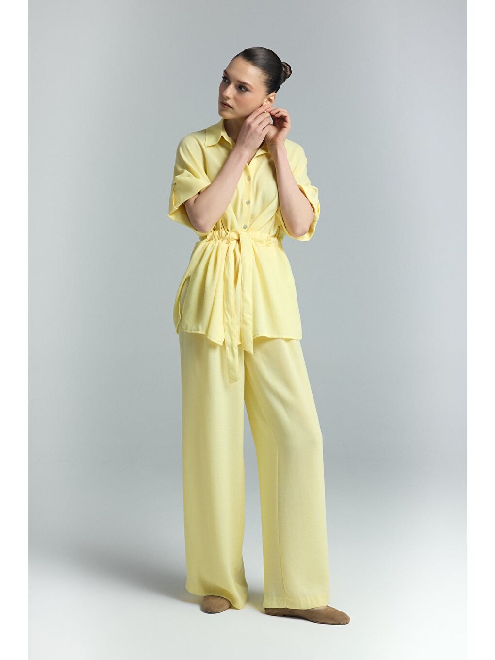 Beli Bağlamalı Kimono Gömlek - Sarı-3