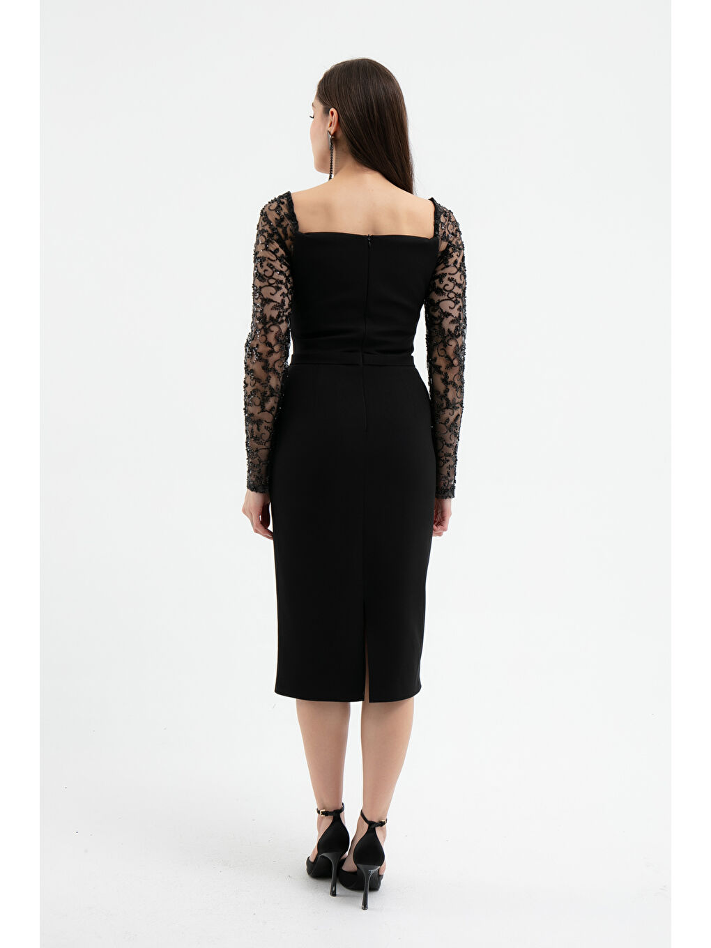 Kadın Siyah Kol Detaylı Söz Nişan Nikah Abiye Elbise-4