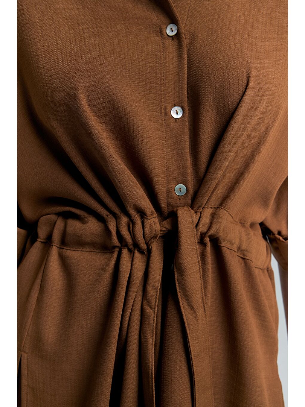 Kahverengi Beli Bağlamalı Kimono Gömlek - Kahve-6