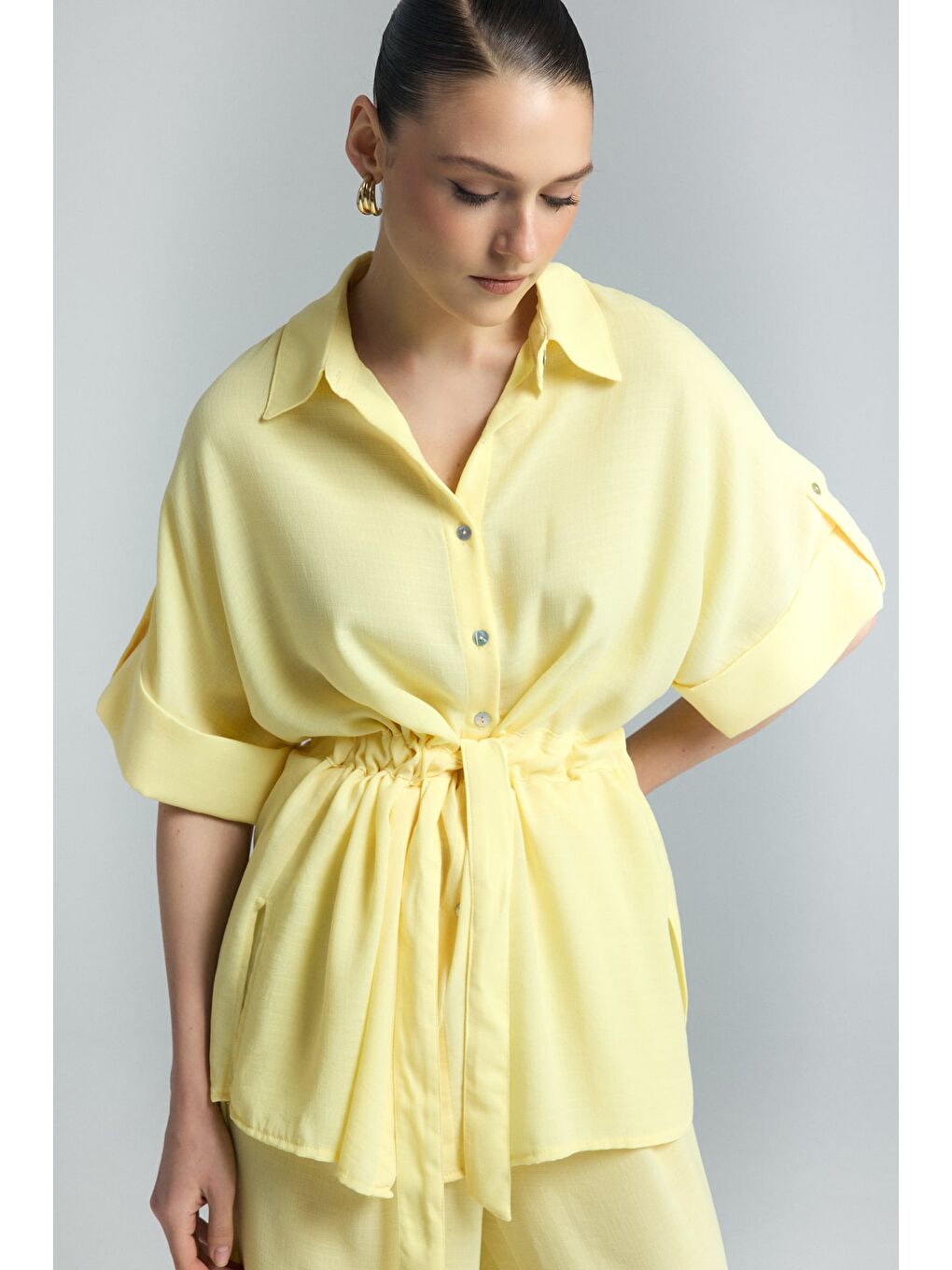 Beli Bağlamalı Kimono Gömlek - Sarı-4