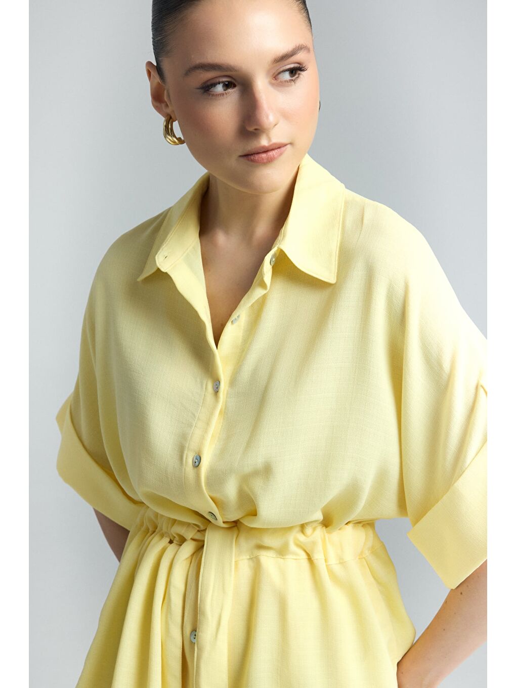 Beli Bağlamalı Kimono Gömlek - Sarı-5