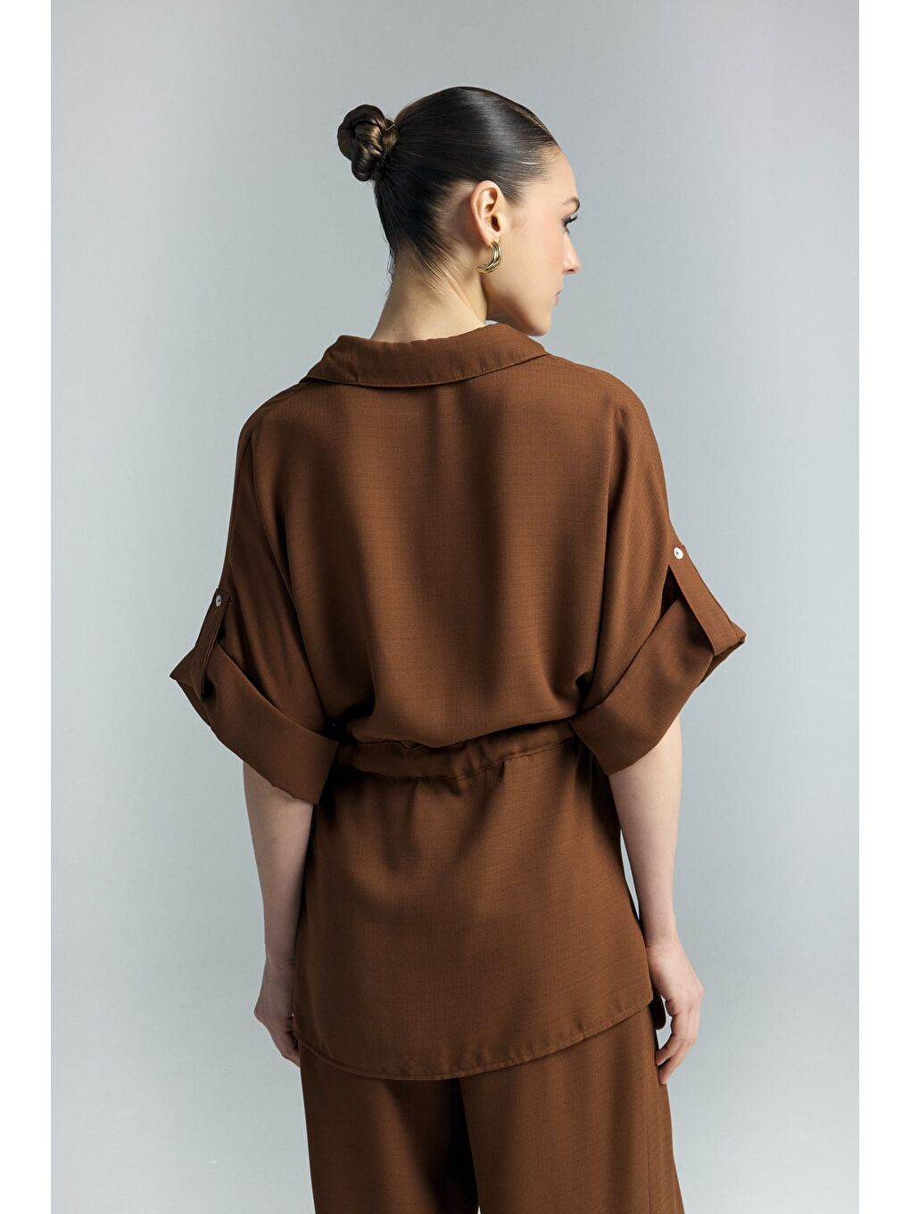 Kahverengi Beli Bağlamalı Kimono Gömlek - Kahve-7