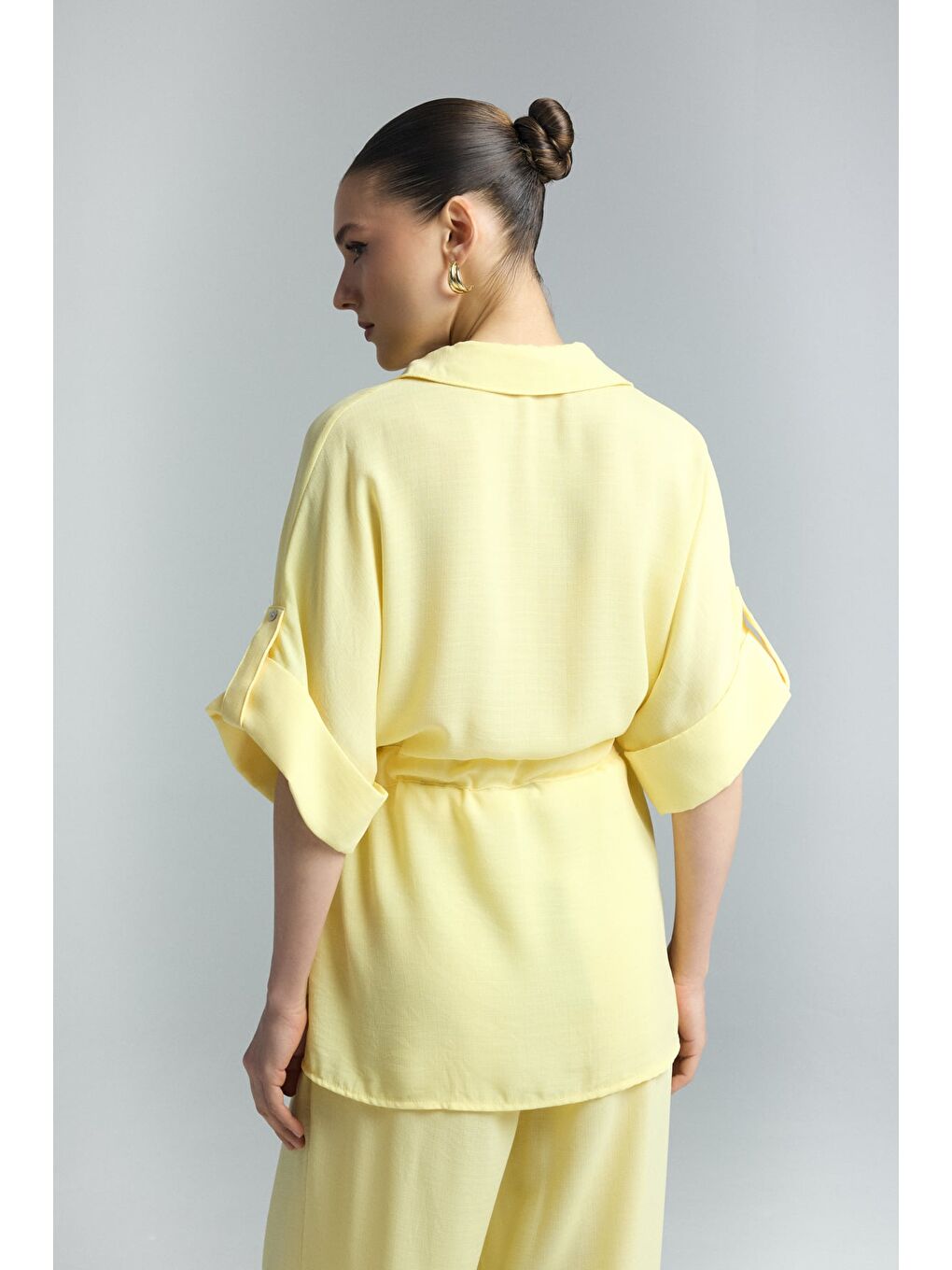 Beli Bağlamalı Kimono Gömlek - Sarı-7