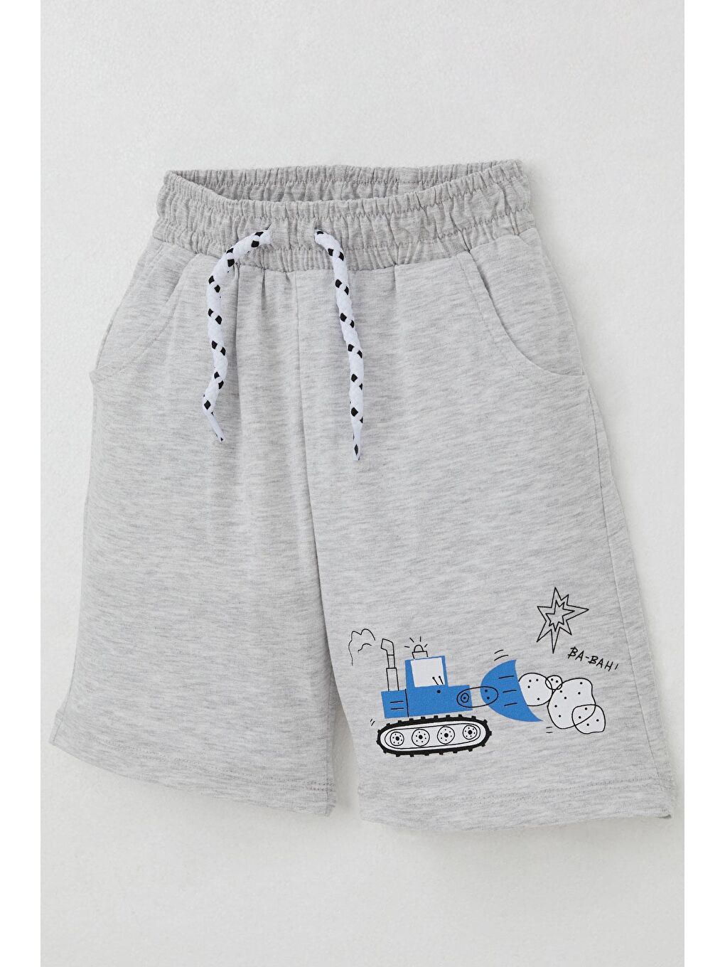 Erkek Çocuk Şortlu Takım Eğlenceli İş Makineleri Desenli Açık Gri Melanj (1.5-5 Yaş)-6