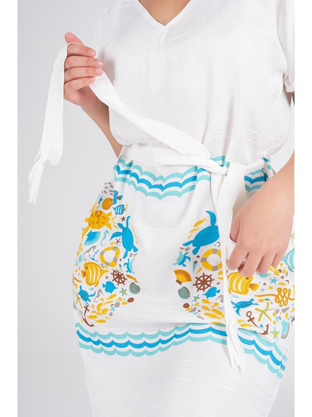 Ekru Baskılı Bambu Plaj Elbisesi