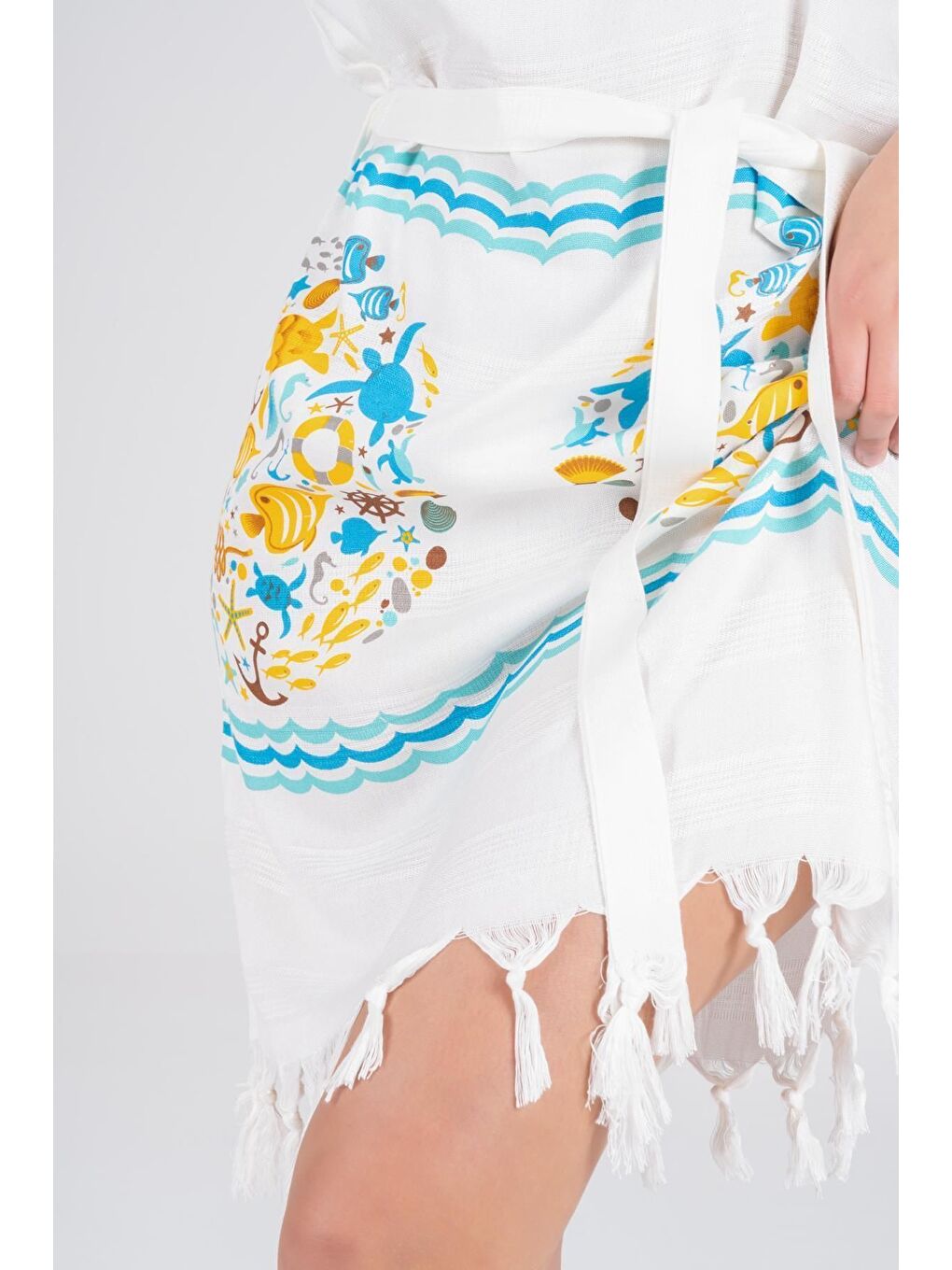 Ekru Baskılı Bambu Plaj Elbisesi-5