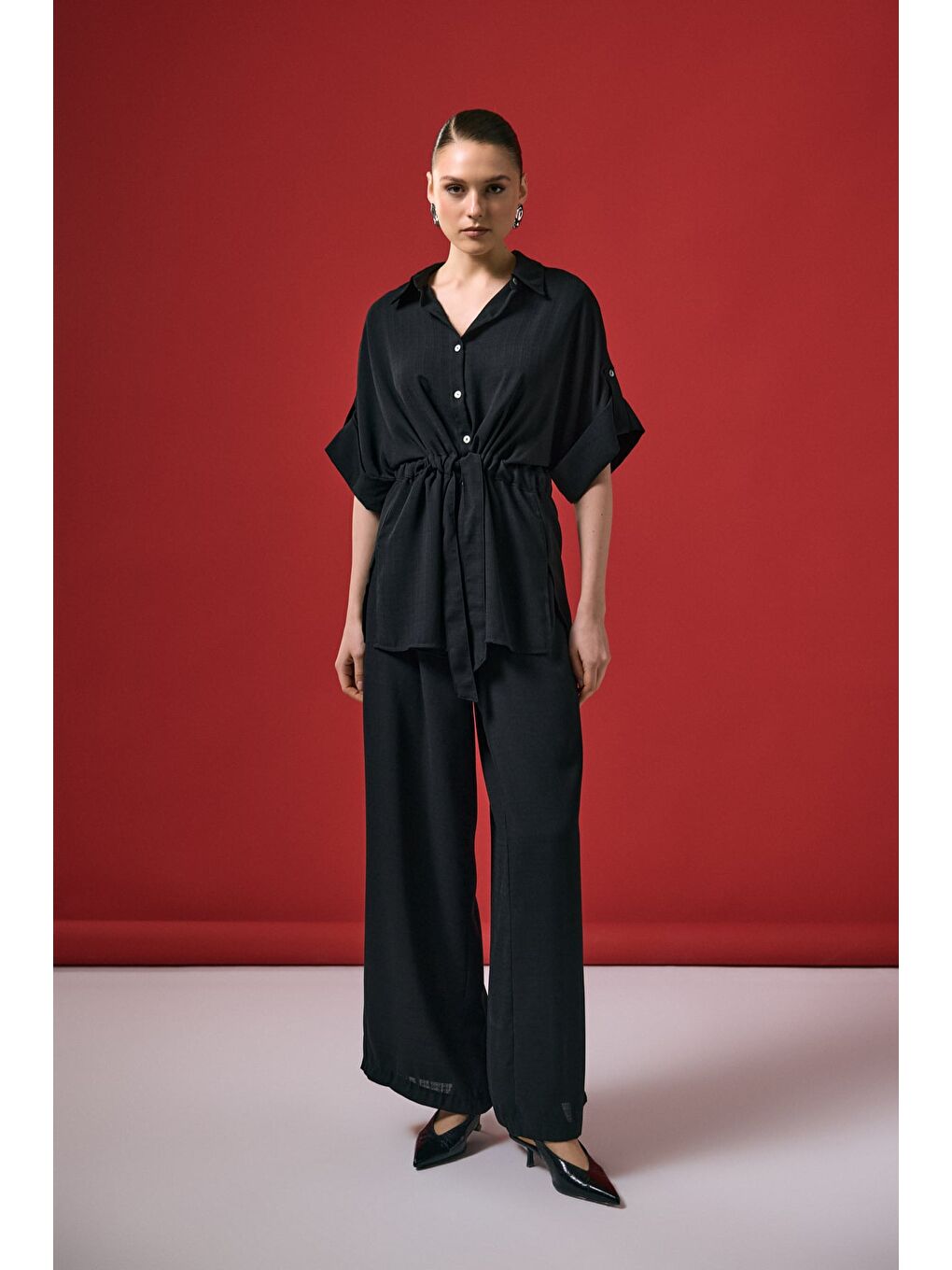 Beli Bağlamalı Kimono Gömlek - Siyah-1