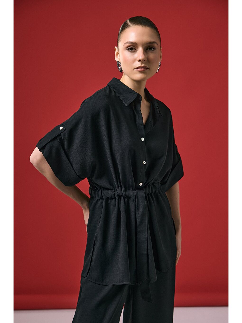 Beli Bağlamalı Kimono Gömlek - Siyah-2