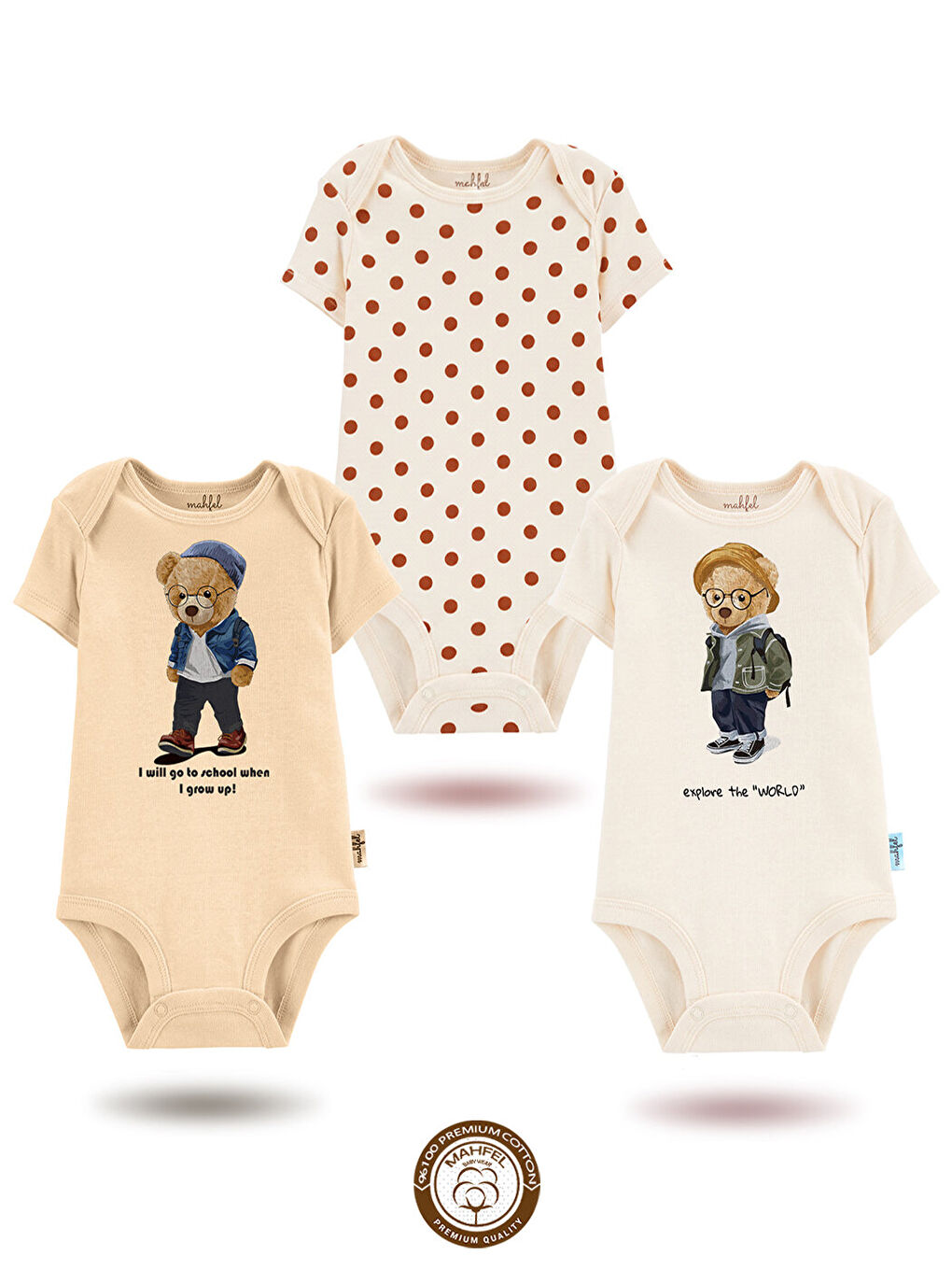 Yeşil 3'lü %100 Pamuklu Organik Baskılı Kısa Kollu Çıtçıtlı Bebek Body Zıbın 843-829