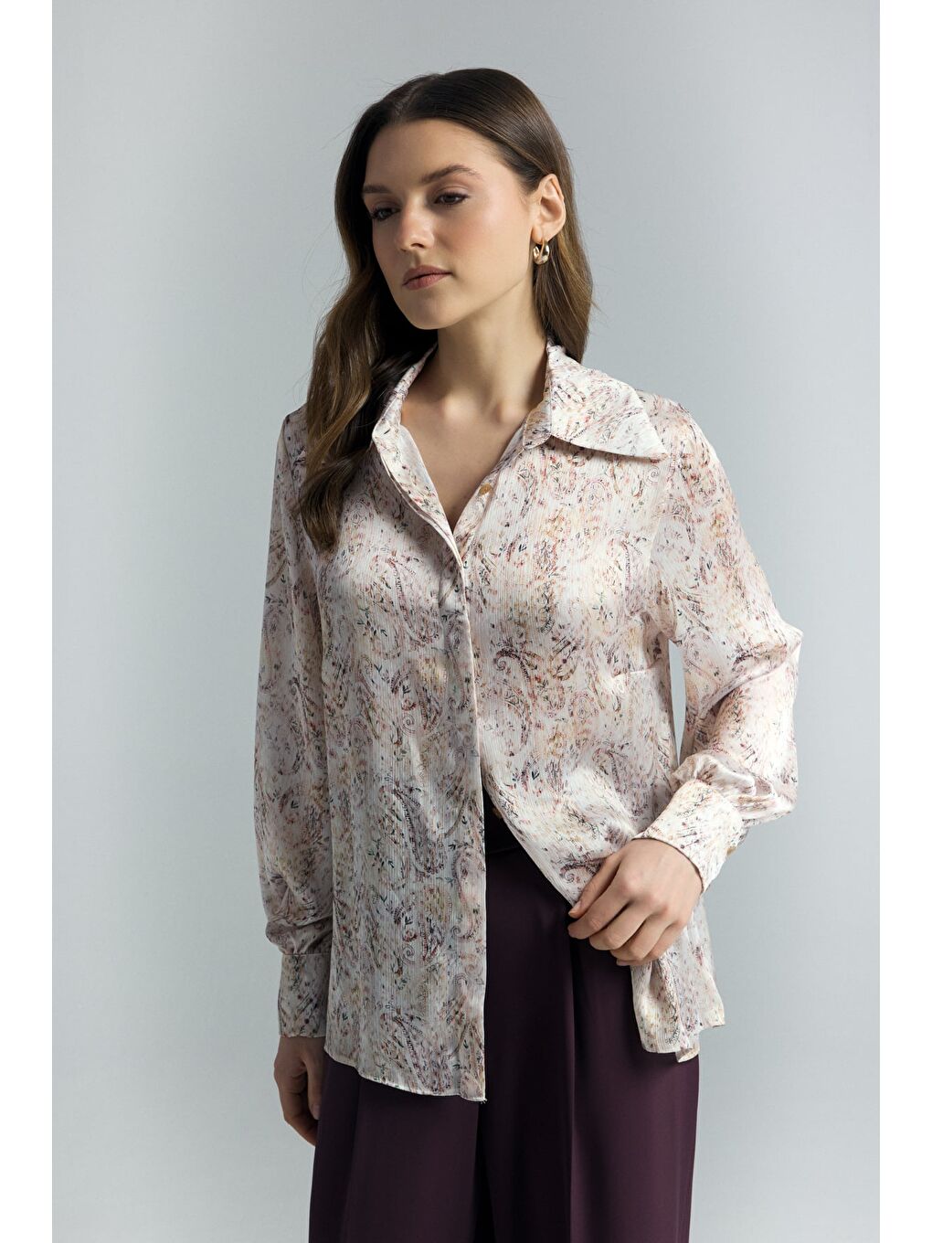 Şal Desen Gömlek - Bej-3