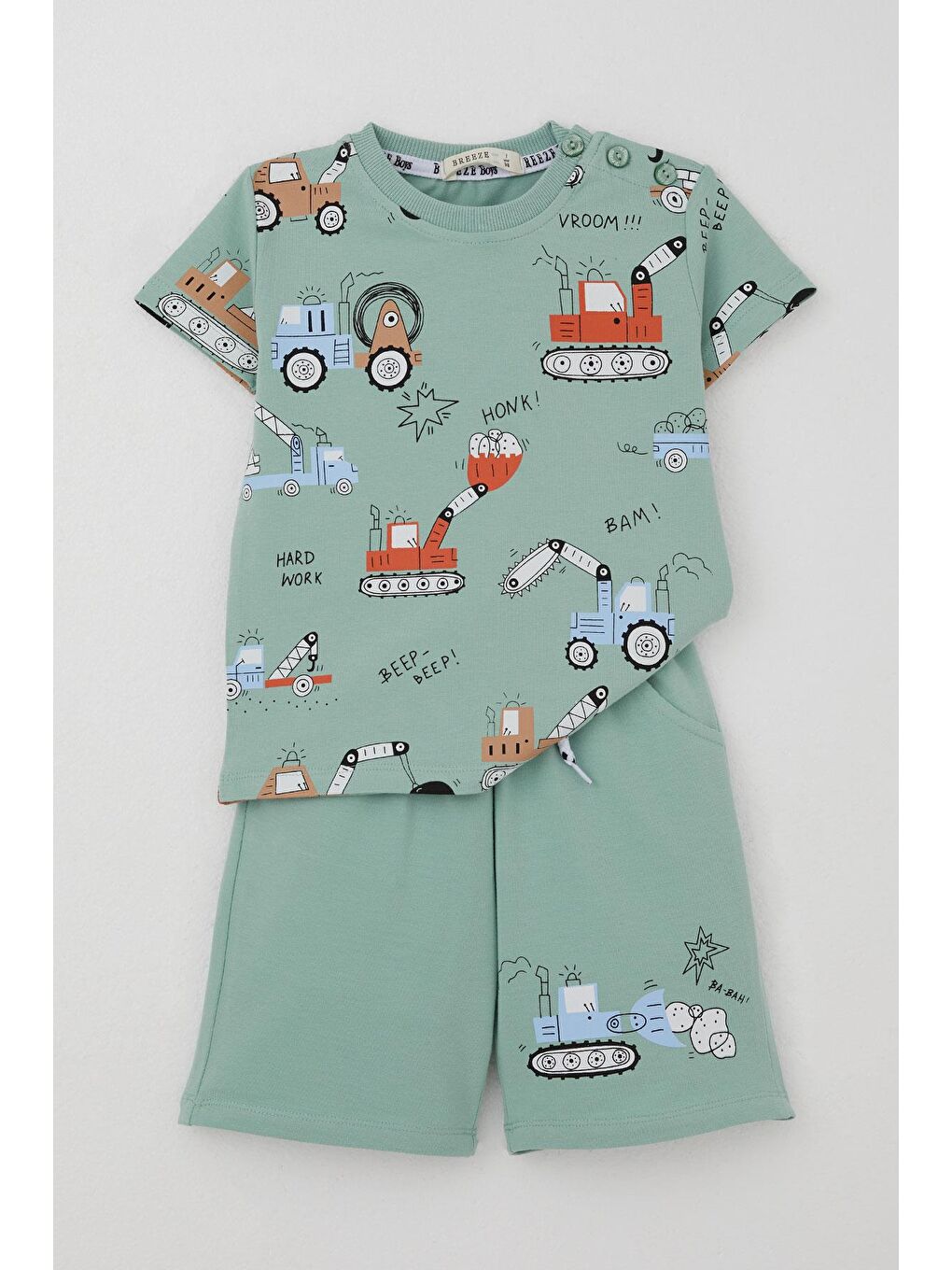 Turkuaz Erkek Çocuk Şortlu Takım Eğlenceli İş Makineleri Desenli Su Yeşili (1.5-5 Yaş)