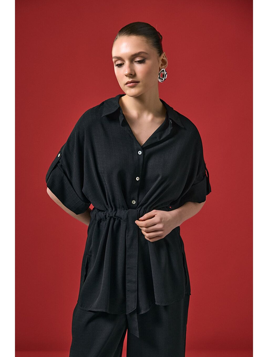 Beli Bağlamalı Kimono Gömlek - Siyah-3