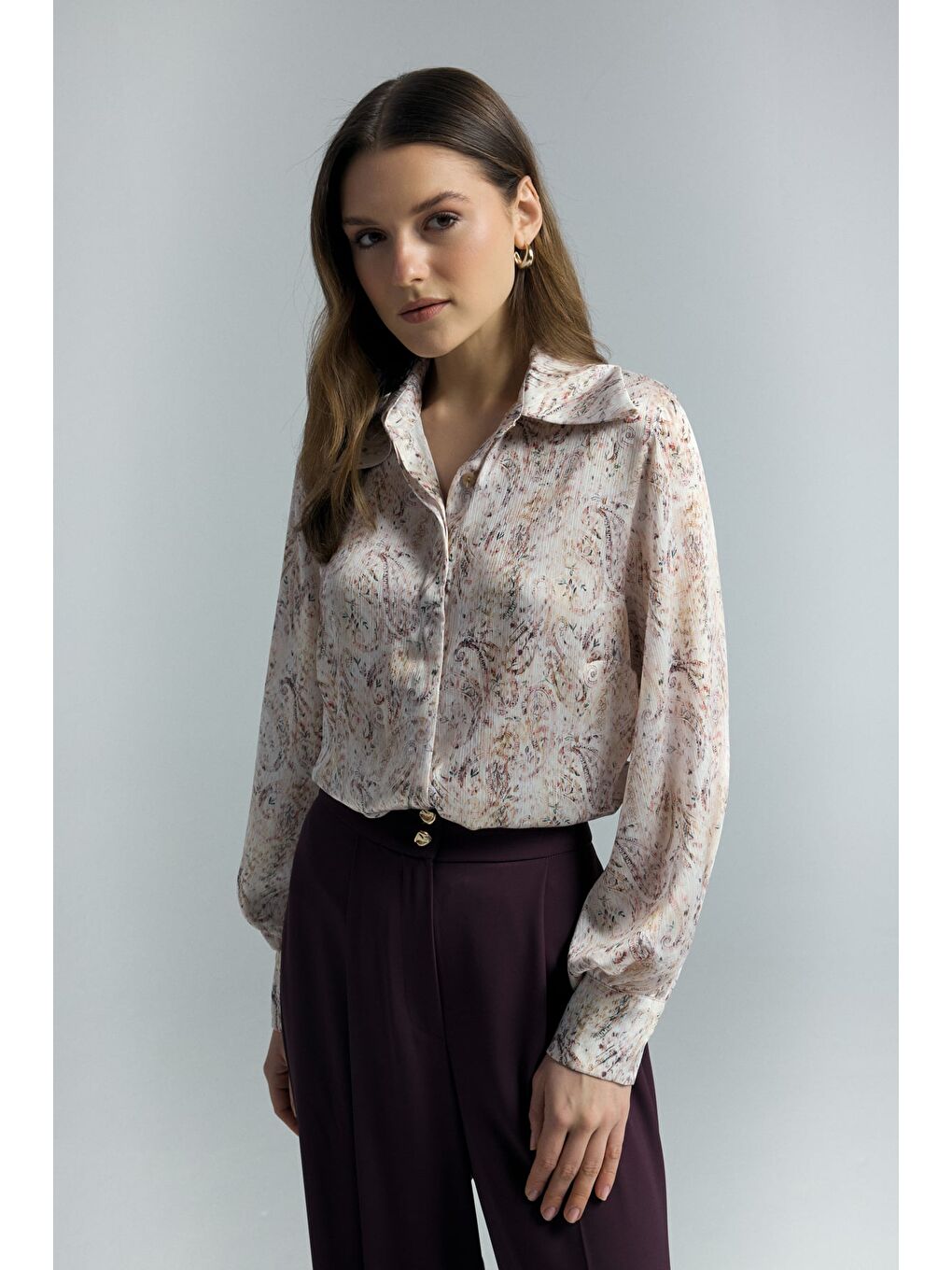 Şal Desen Gömlek - Bej-4