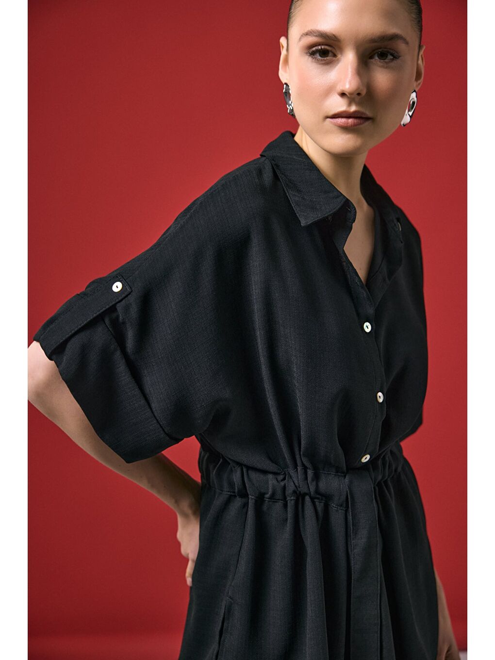 Beli Bağlamalı Kimono Gömlek - Siyah-4