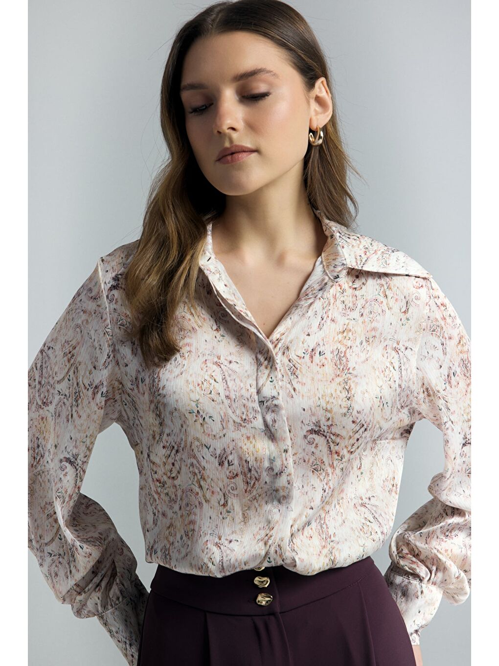 Şal Desen Gömlek - Bej-5