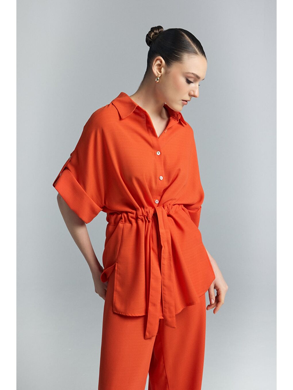 Turuncu Beli Bağlamalı Kimono Gömlek - Oranj-1
