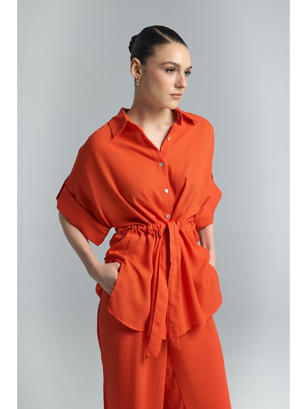 Turuncu Beli Bağlamalı Kimono Gömlek - Oranj-2